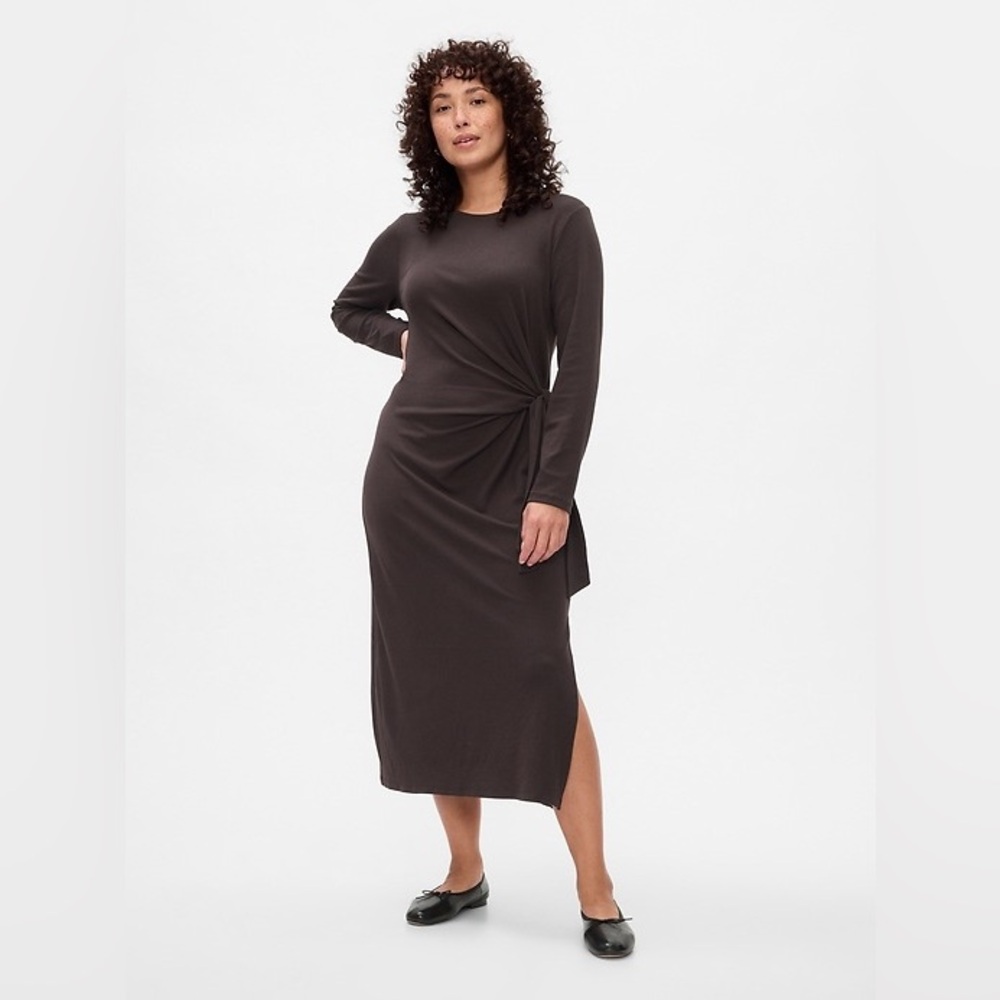 Gap Long Sleeve Tie Knot Midi Dress in Terra Brown XL Tall